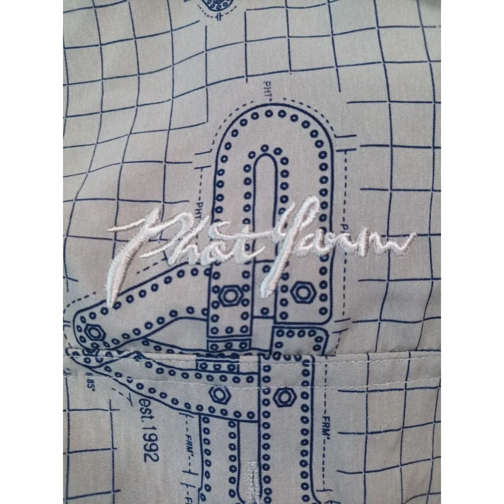 Phat Farm Men's Button Up Shirt Size Medium Beige Blue Allover Print Y2K Long